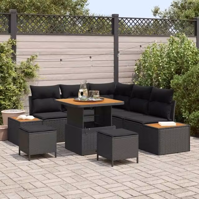 Set Divano da Giardino 8 pz 7-Numero di posti Nero Poly Rattan 3364859
