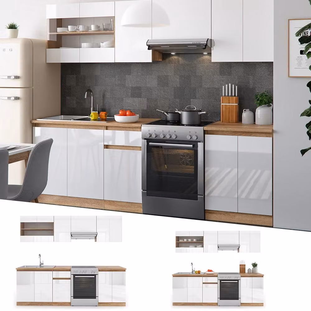 Mobile da cucina Vicco R-Line Bianco lucido con striscia LED e piano effetto rovere Sonoma, L: 240 cm – 2