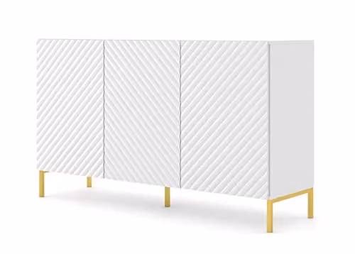 Homlando Cassettiera SURF 3D 150 cm con fronti in MDF decorati su gambe in metallo, credenza, 3 ante, armadio (bianco opaco)
