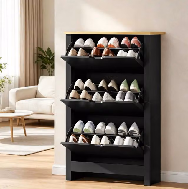 Scarpiera moderna a 3 ante a ribalta in MDF nero, L: 72 cm, P: 26 cm, H: 112 cm