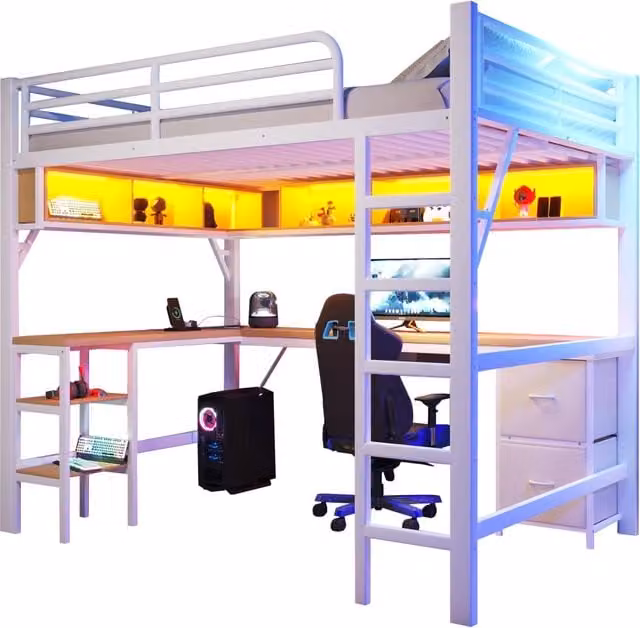Letto a soppalco matrimoniale bianco con scrivania, scaffali, illuminazione LED e porta USB, L/P: 140 x 200 cm