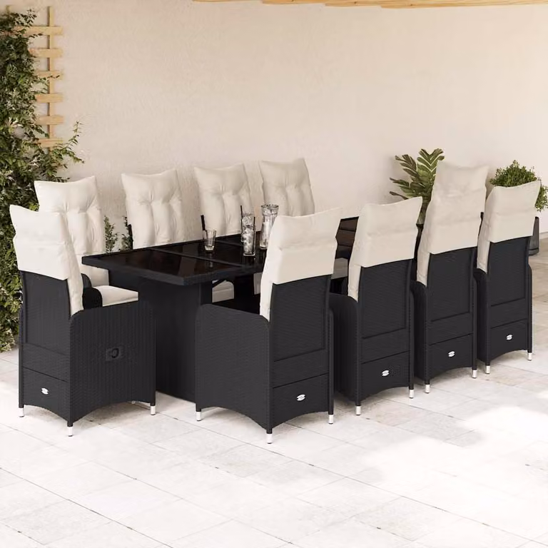 Set da Bistrò da Giardino vidaXL 11 pz in Polyrattan Nero con Cuscini e Piano in Vetro