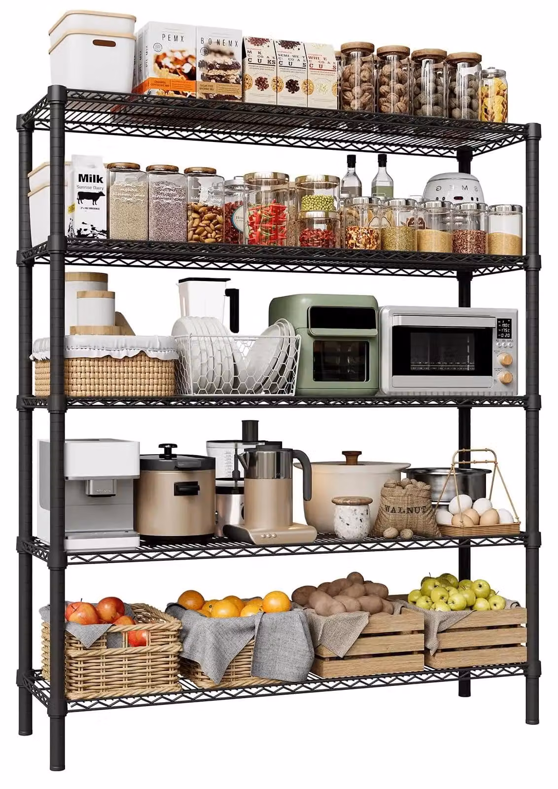Scaffale metallico a 5 ripiani - Scaffale autoportante - Struttura in acciaio resistente - Ripiani in filo regolabili con piedini livellanti - Ideale per garage, cucina, dispensa