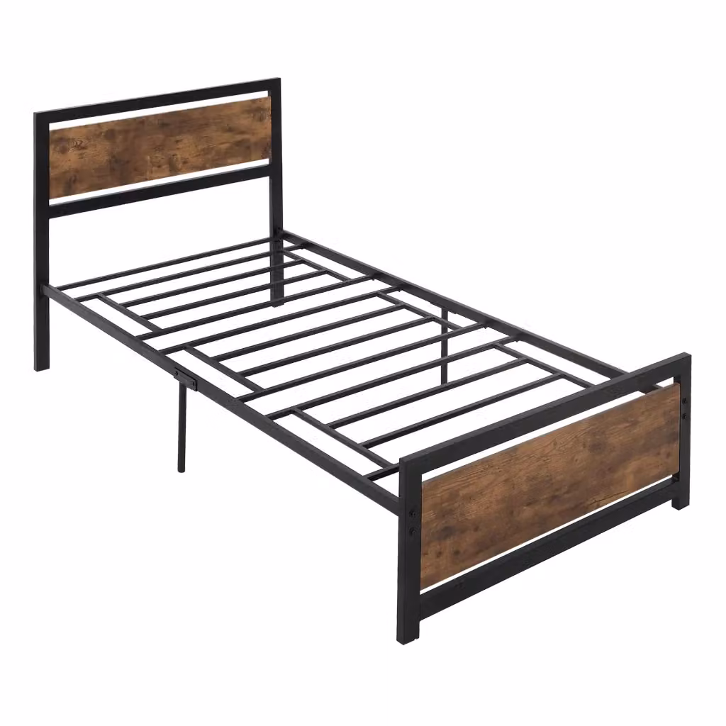 Letto Singolo Minimal in Legno e Acciaio con Doghe, L/P/H: 90 x 200 x 103 cm, Nero e Marrone – 2