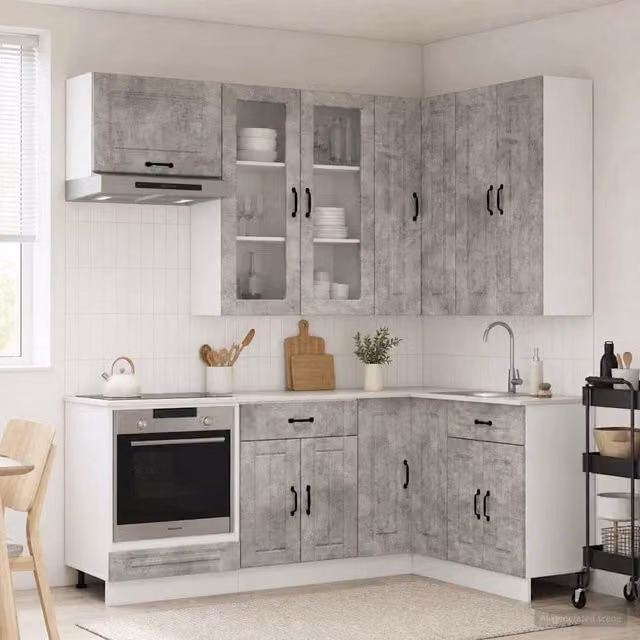 Unità Cucina KALMAR vidaXL 8 Pezzi Grigio Cemento e Legno con Ante in Vetro in Stile Minimalista