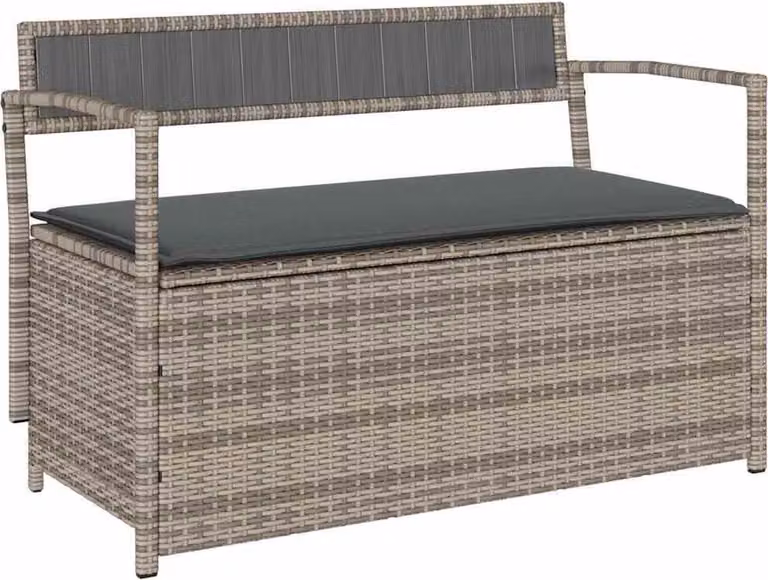 Panca Portaoggetti da Giardino con Cuscino Grigio in Polyrattan