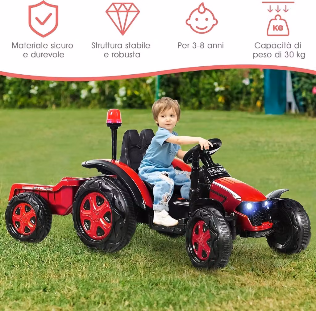 Costway Trattore Elettrico per Bambini con Rimorchio e Telecomando, Giocattolo 2 in 1 con Luci e Suoni, Rosso – 2
