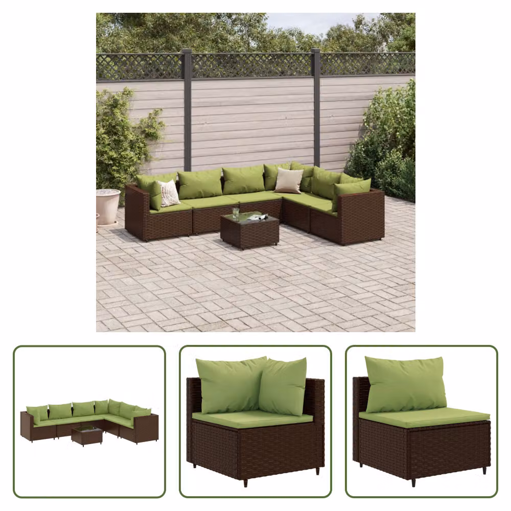 The Living Store Set da salotto da giardino 7 pezzi con cuscini in poly rattan marrone