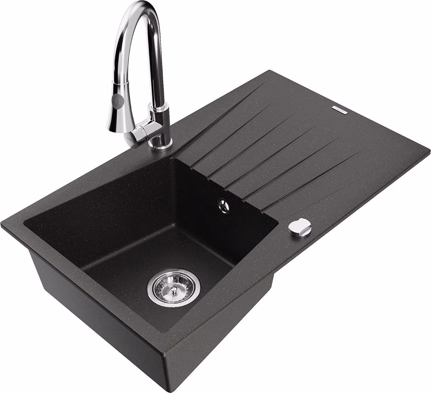 Mexen Cesar lavello in granito a 1 vasca con scolapiatti e rubinetto da cucina Elia, nero/oro metallizzato - 6514-75-670101-00
