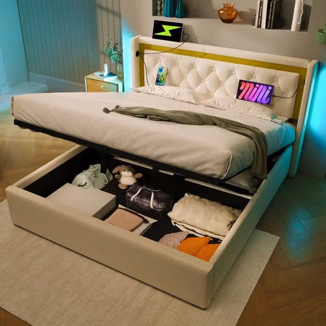 Letto matrimoniale 140 × 200 cm contenitore con LED e ricarica USB Type-C in cotone beige con rete a doghe