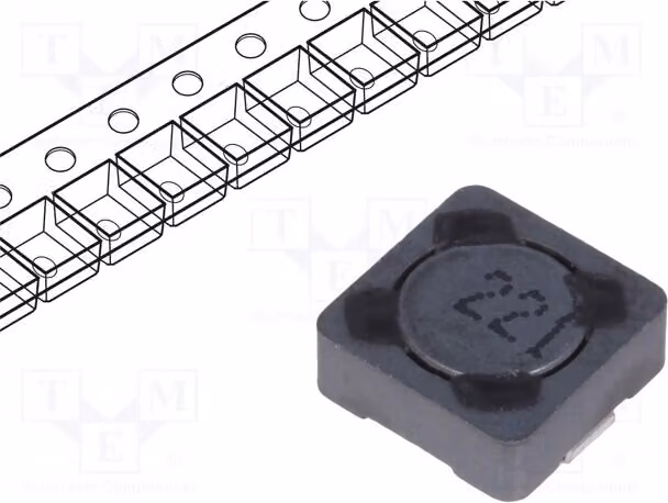 5 induttori: filo, 220uH, tolleranza 20%, corrente massima 350mA, resistenza 1,65Ω, montaggio superficiale (SMD), dimensioni 7,3x7,3x3,4mm, modello PCS73MT221, per applicazioni SMD