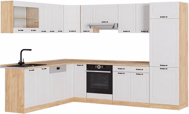 Cucina angolare completa R-Line Vicco in Bianco rustico e Rovere dorato, L/P: 287 x 227 cm
