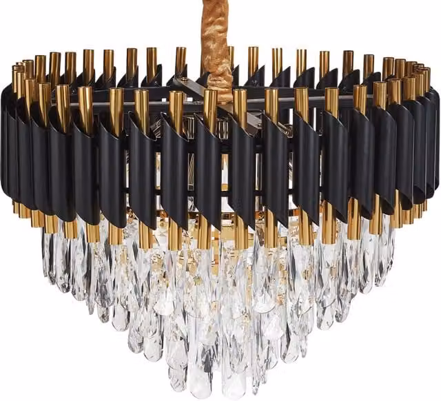 Lampadario a sospensione BELIANI in metallo e cristallo con design glamour, colori nero e oro/ottone, altezza regolabile
