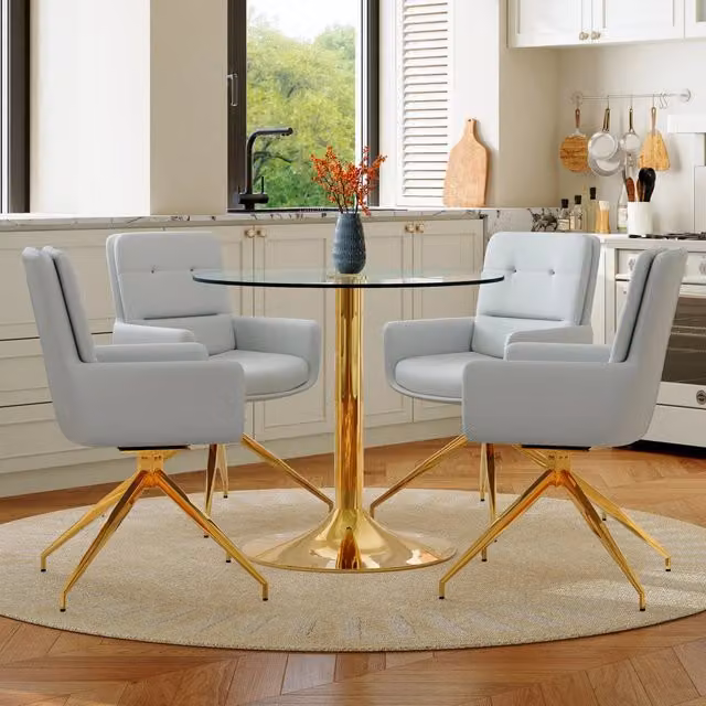 Set tavolo e sedie: tavolo rotondo in vetro Ø85 cm con struttura metallica, 4 sedie da pranzo girevoli a 360° in PU grigio chiaro
