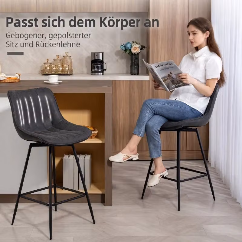 Set di 2 sgabelli da bar girevoli OKWISH con schienale e seduta imbottita in similpelle nera per cucina e sala da pranzo H: 65 cm, L: 39 cm, P: 51 cm – 2