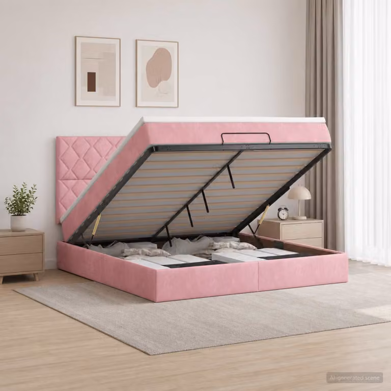 Letto ottomano con materasso vidaXL in velluto rosa, L/P/H: 190 x 140 x 88 cm