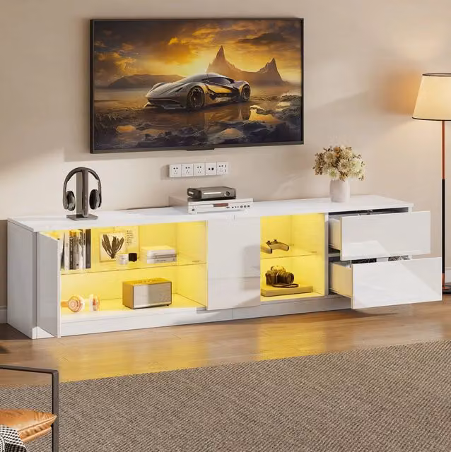 Mobile TV ULEVR 160x40x52 cm con LED USB, 2 cassetti e vano con anta, MDF bianco lucido