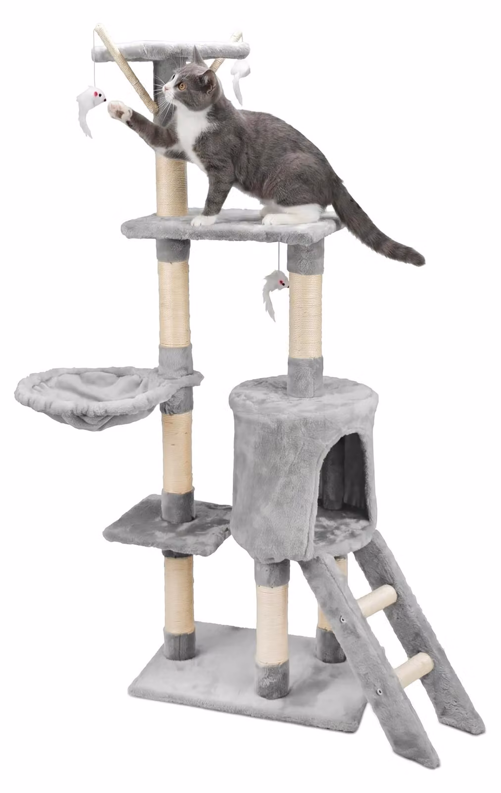 Kratzbaum Paris, 138 cm - Con rifugio e albero giochi - Grigio, in sisal e peluche