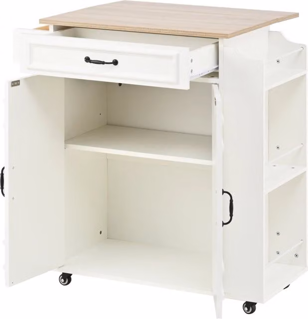 Isola cucina con piano ribaltabile in MDF, 66 x 60 x 90 cm, cassetto, 2 ante e ruote