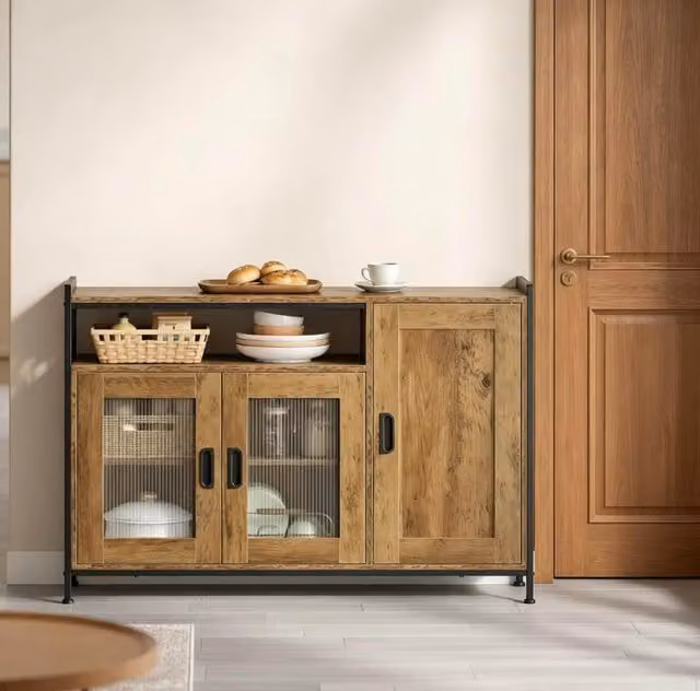 Credenza 110 x 33 x 75 cm marrone – vano aperto, vani chiusi e ripiani regolabili