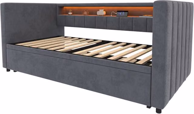 Divano letto estraibile 90x190 cm con rivestimento in velluto grigio, illuminazione LED e porta USB Tipo-C, struttura in legno e metallo