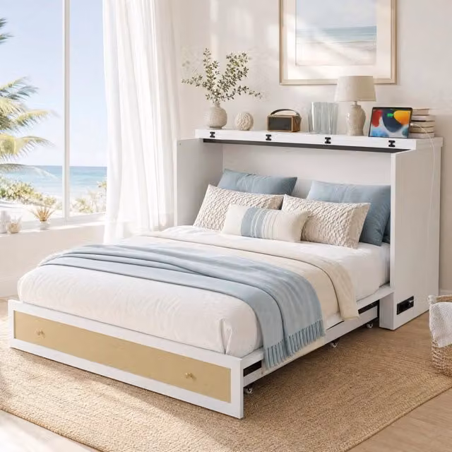 Letto a scomparsa 140x200 cm con cassetti, mensola, USB e presa, struttura in MDF bianco senza materasso
