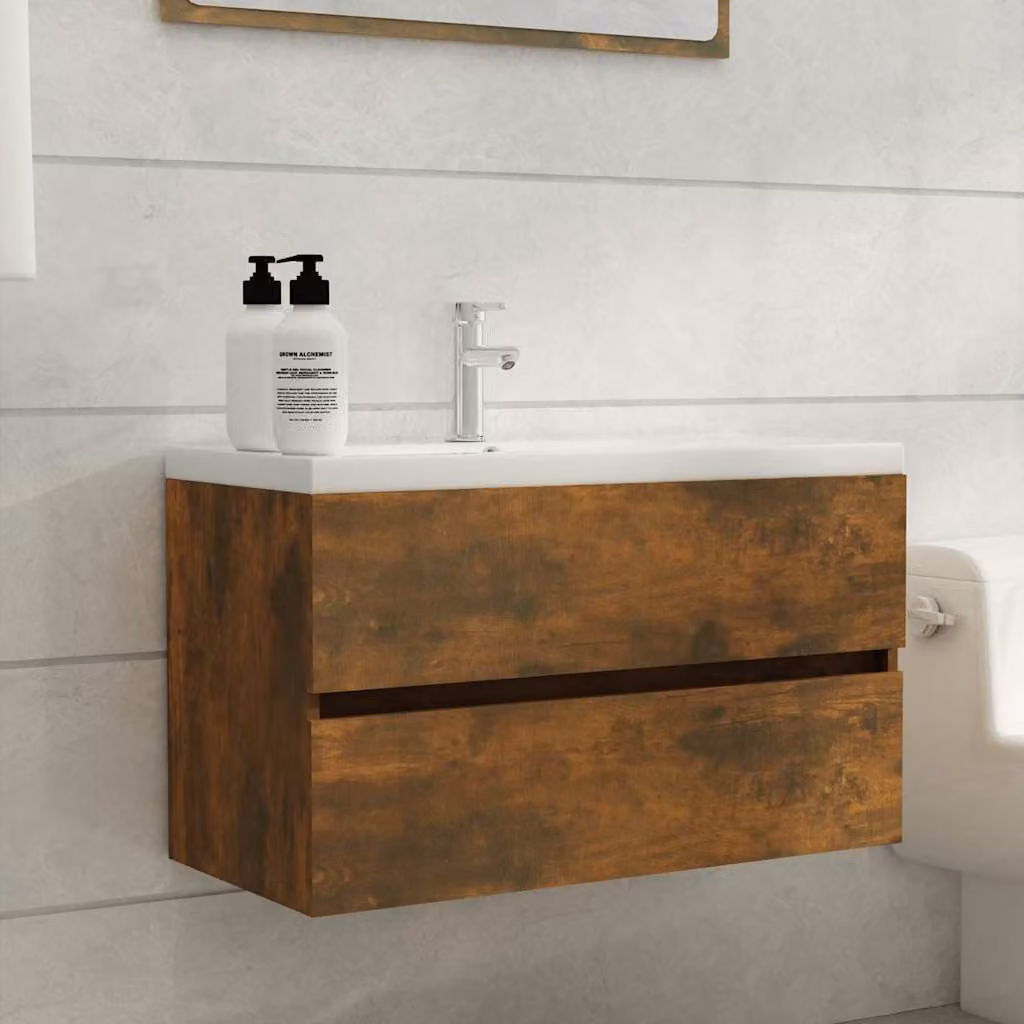 Mobile Sottolavabo vidaXL in Legno Multistrato Rovere Fumo Marrone L: 80 cm, P: 38,5 cm, H: 45 cm
