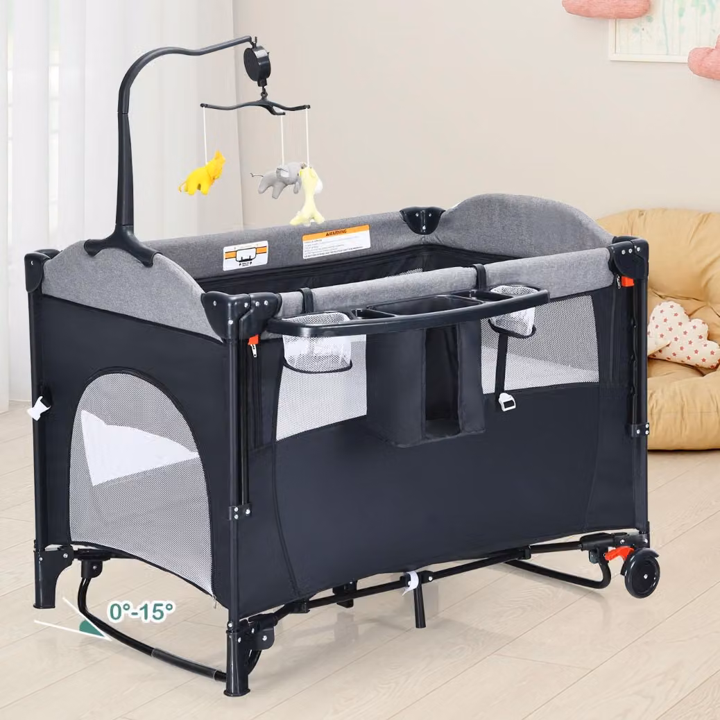 Costway Culla portatile 5 in 1 per bambini con materasso, fasciatoio e scomparti laterali, Nero – 3