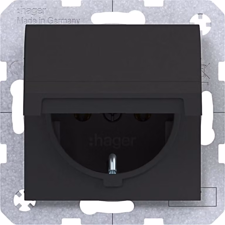 Prese SCHUKO Hager, serie A.x/C.x, 16A, 250V, con coperchio a battente auto-chiudente, colore nero opaco, confezione da 10 pezzi.