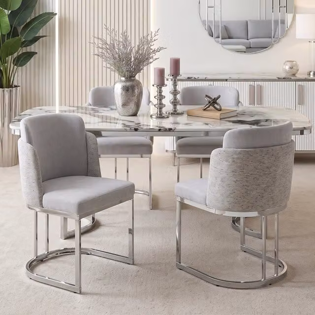 Set di 2 sedie da pranzo MIVRAY in ciniglia grigio e argento con schienale doppio e gambe in metallo galvanizzato lucido