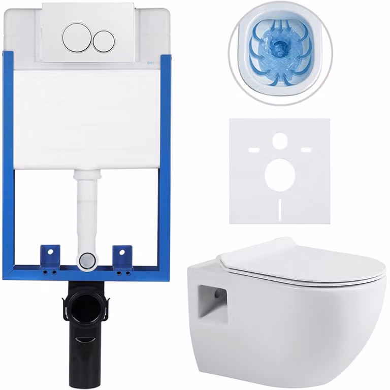 Set completo per WC da incasso, modello Lite/Dure, bianco lucido, con pulsante doppio, bianco, da murare, dimensioni 51x35 cm