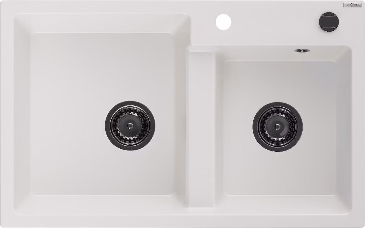 Mexen Tomas lavello in granito a 2 vasche 800 x 500 mm, bianco, sifone nero - 6516802000-20-B