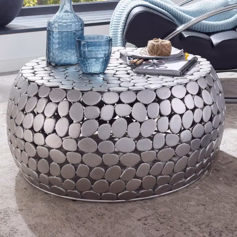 FineBuy Tavolino di design rotondo 66 cm in metallo argento - Tavolo da salotto in alluminio fatto a mano - Tavolo da divano moderno in pietra tavolino da salotto