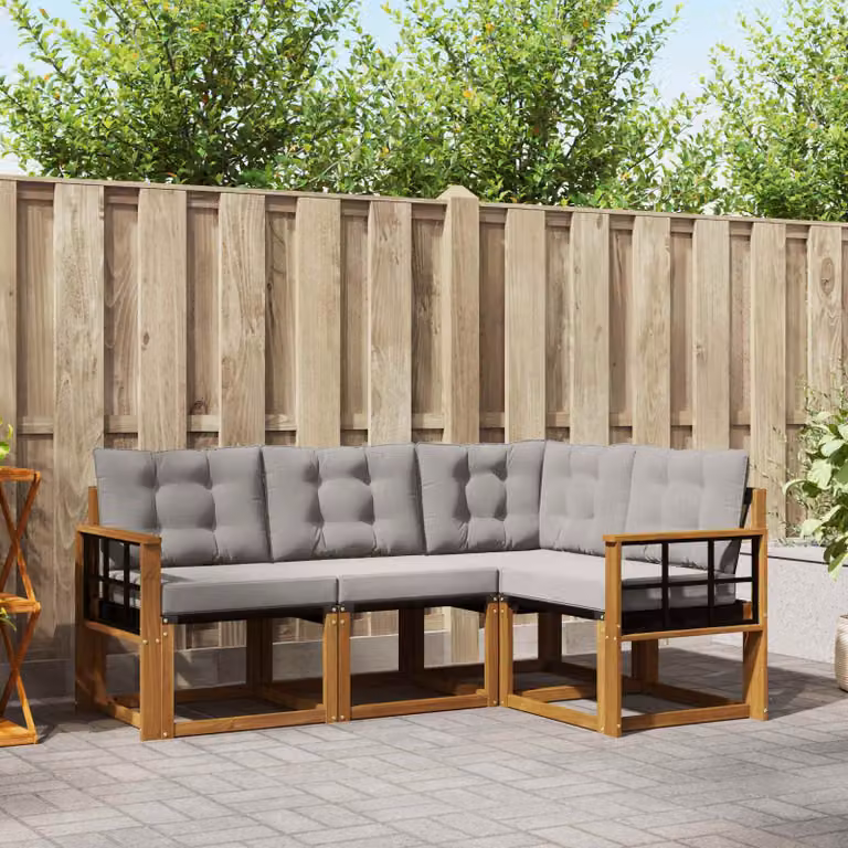 Set di divani da esterno vidaXL 4 pz a forma di L in legno di acacia trattato e tessuto textilene, colore grigio e marrone con cuscini inclusi
