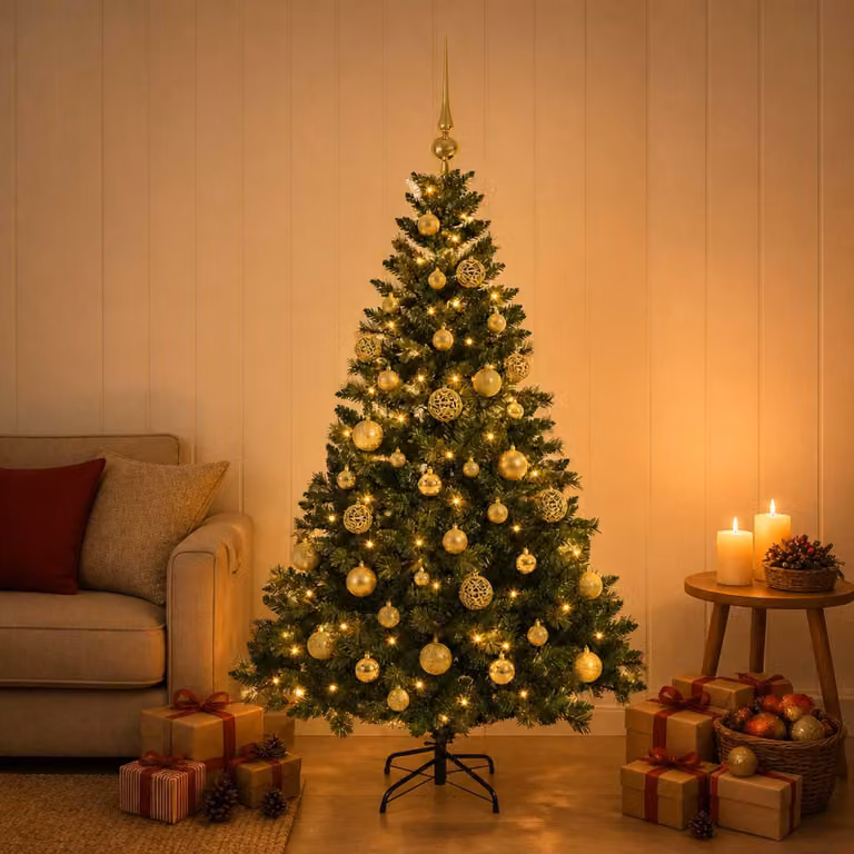 Albero di Natale artificiale con decorazioni a sfera, altezza 120 cm, 150 luci LED