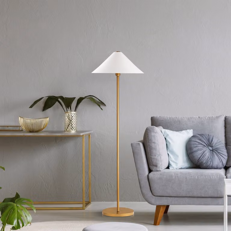 Opviq, lampada da terra di alta qualità, struttura in metallo, color oro, 46 x 46 x 150 cm | Diametro del paralume: 40 cm, altezza: 21 cm | Attacco E27, max. 40 W, cavo da 200 cm, IP20, design elegante per interni moderni.