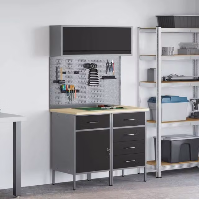 Set di mobili da lavoro con cassetto e scaffale vidaXL, 5 pezzi, Nero