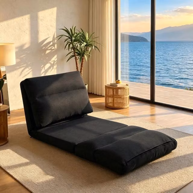 Desviae Poltrona da pavimento reclinabile in 5 posizioni in poliestere nero convertibile in letto 56 × 70 × 72 cm