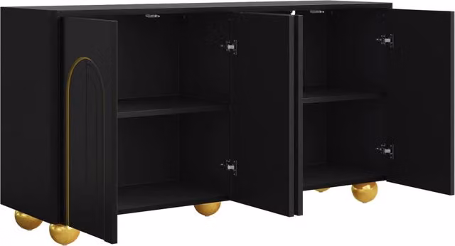 Sideboard nero a 4 porte con decorazione ad arco dorato e piedi metallici per soggiorno e sala da pranzo