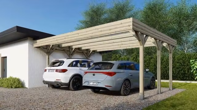 Tettoia posto auto coperto ALTANKA in legno con copertura in PVC, modello CAR5PVCTR, L: 606 cm, P: 503 cm