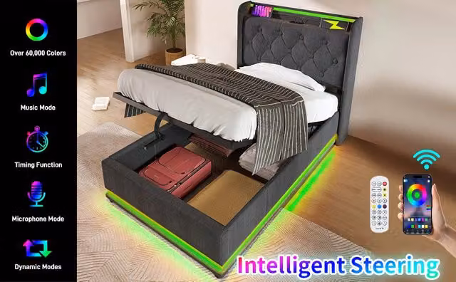 Letto singolo contenitore imbottito 90x200 cm, luce LED 360° con app/telecomando, testiera con USB/USB-C, grigio, senza materasso