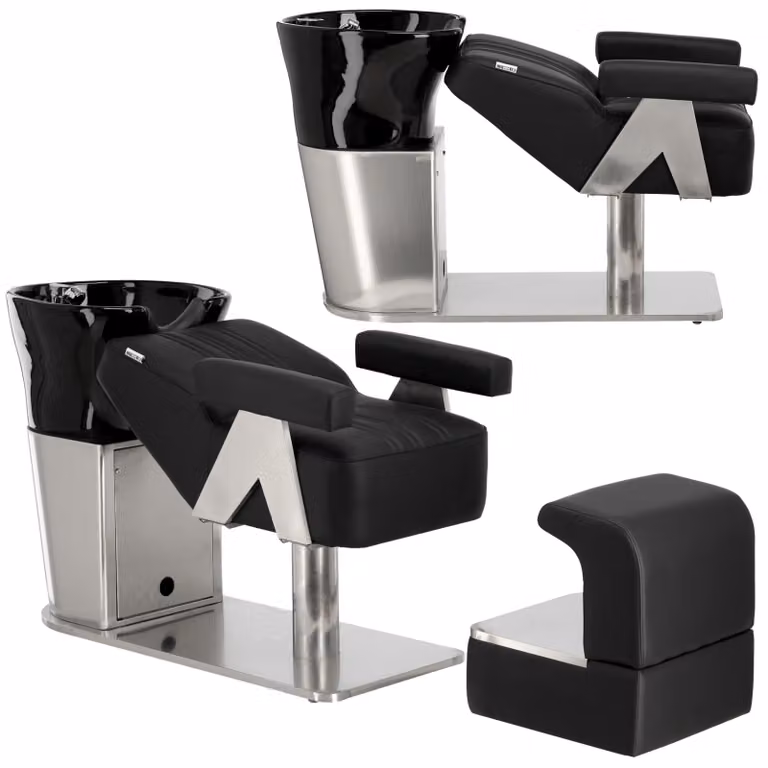 Poltrona lavatesta reclinabile Gia per parrucchiere e barbiere con lavabo in ceramica mobile, rubinetteria e doccetta