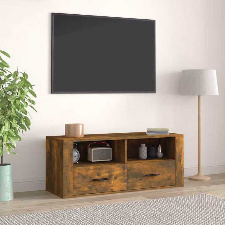 Mobile TV vidaXL in legno multistrato color rovere fumo con ruote L: 100 cm, P: 35 cm, H: 40 cm