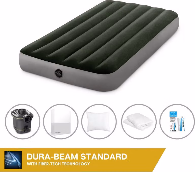 Letto ad aria Intex - 1 persona - 99 x 191 x 25 cm - Verde - Con pompa + lenzuolo bianco + cuscino + federe Molton 2 in 1 + set di riparazione