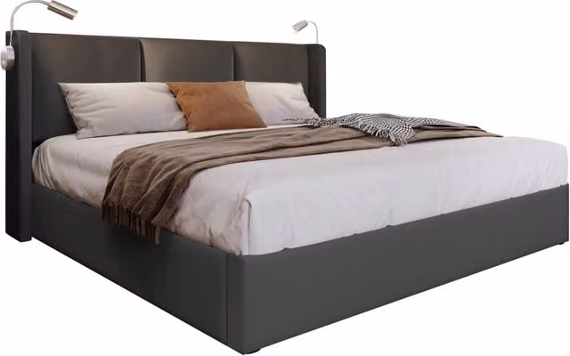 Letto imbottito 180x200 cm con contenitore, lampada da lettura LED e ricarica USB, struttura robusta in tessuto beige per camera moderna