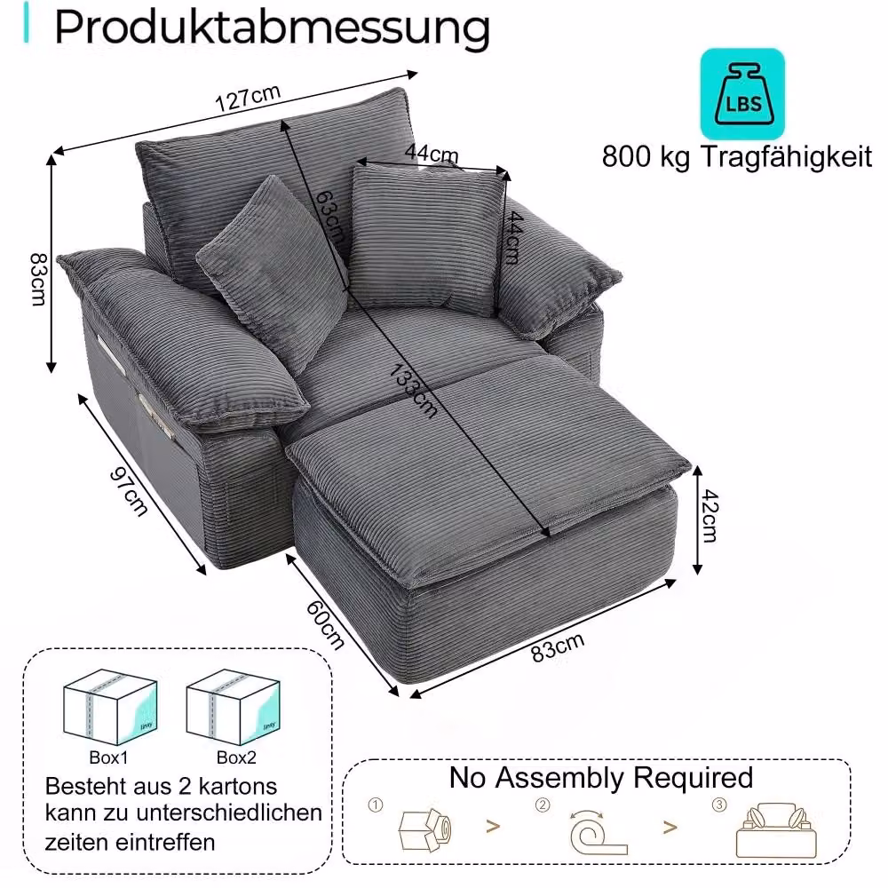 Divano Cloud - Modulare, divano letto a 1 posto - Funzione letto - Rivestimento in tessuto morbido - Poggiapiedi - Tasche portaoggetti - Grigio