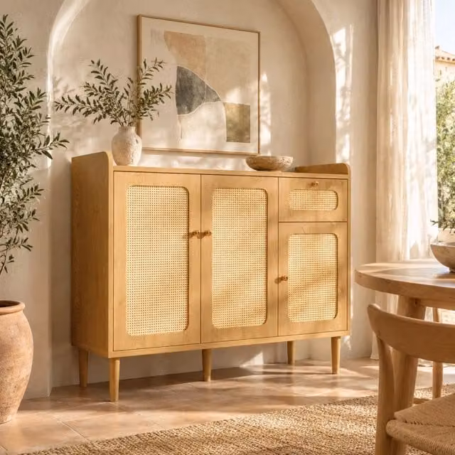 Credenza 120x40x91 cm in MDF effetto rovere con 3 ante e 1 cassetto in rattan