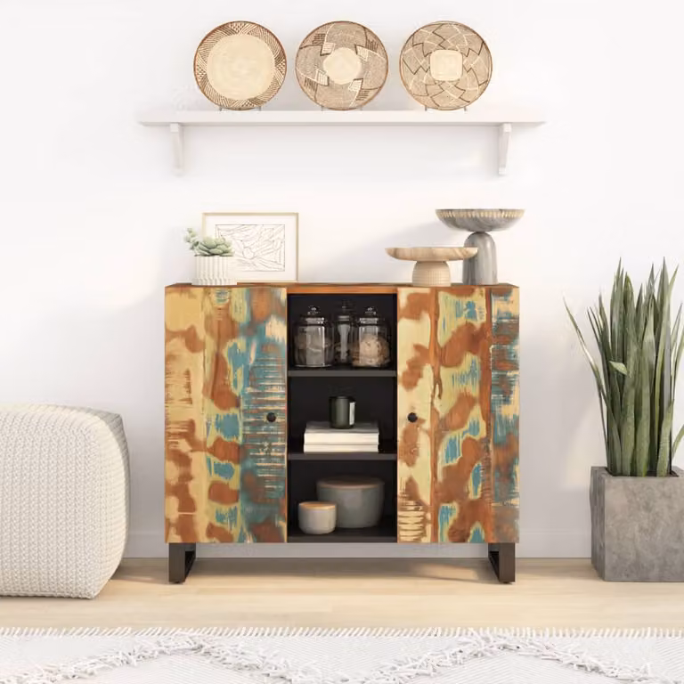 Credenza vidaXL con 2 Ante in Legno Massello di Recupero Multicolore L 90 cm, P 33 cm, H 75 cm