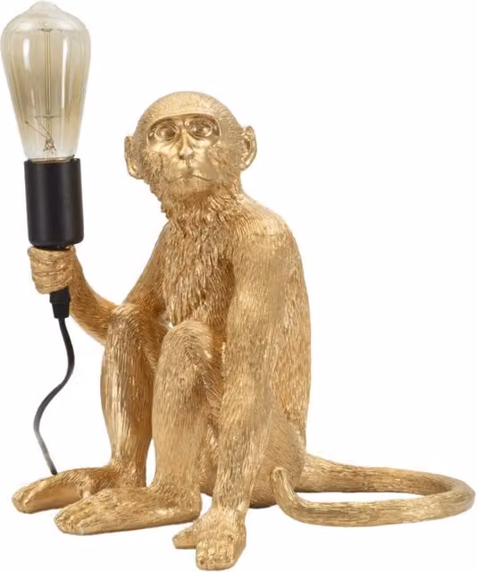 Lampada da tavolo Monkey in polyresin oro a forma di scimmia seduta, Altezza: 33 cm
