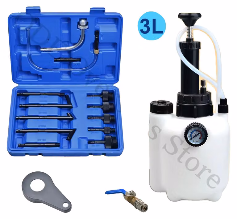 Attrezzo per pompe di fluidi, capacità di 3 litri, manometro integrato, compatibile con diversi veicoli, peso di 2,5 kg, include 13 adattatori